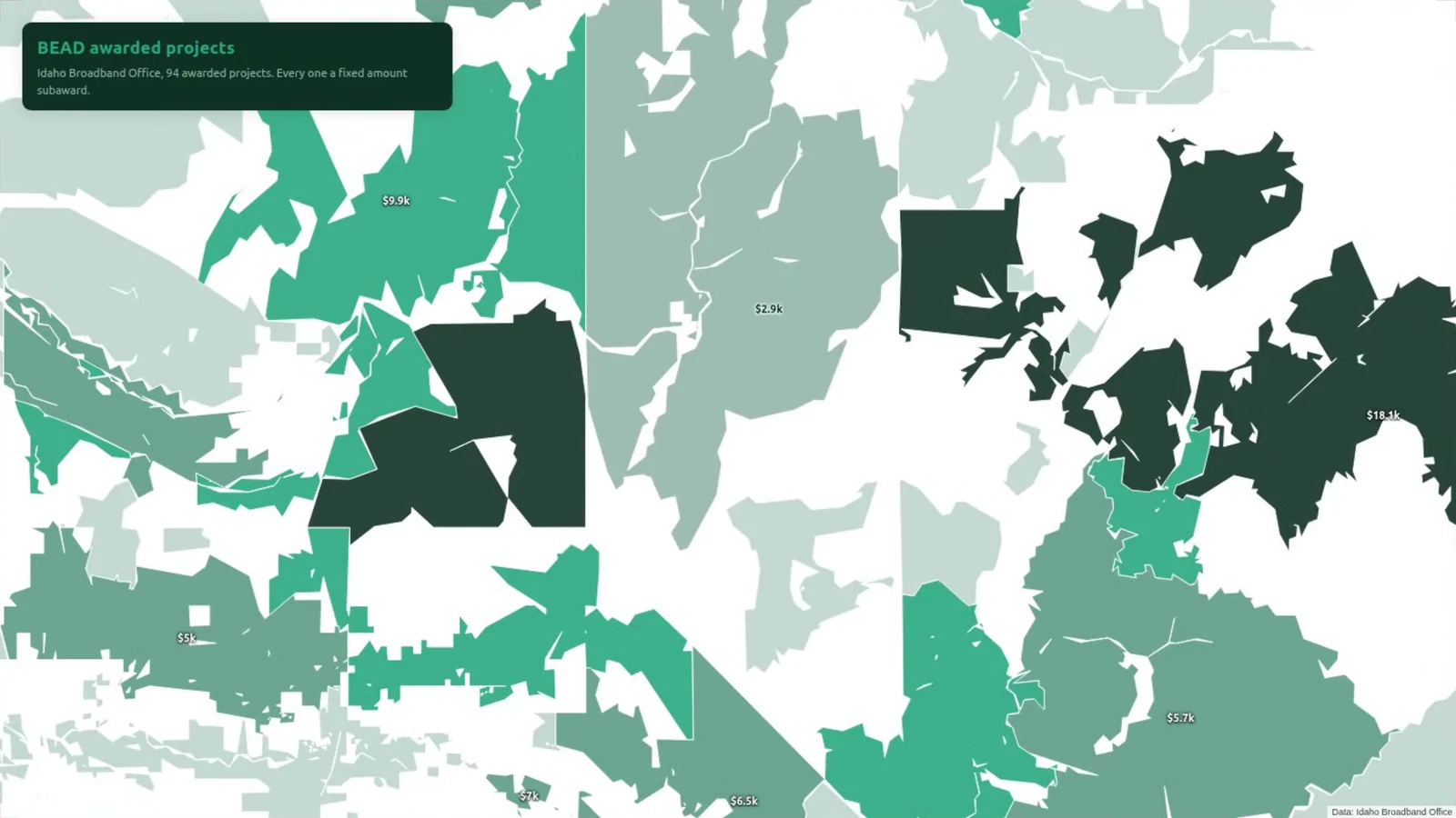 Idaho BEAD awarded project areas shaded by cost per funded location, from under $1,000 in pale sage to over $16,000 in dark green, with per-project cost labels
