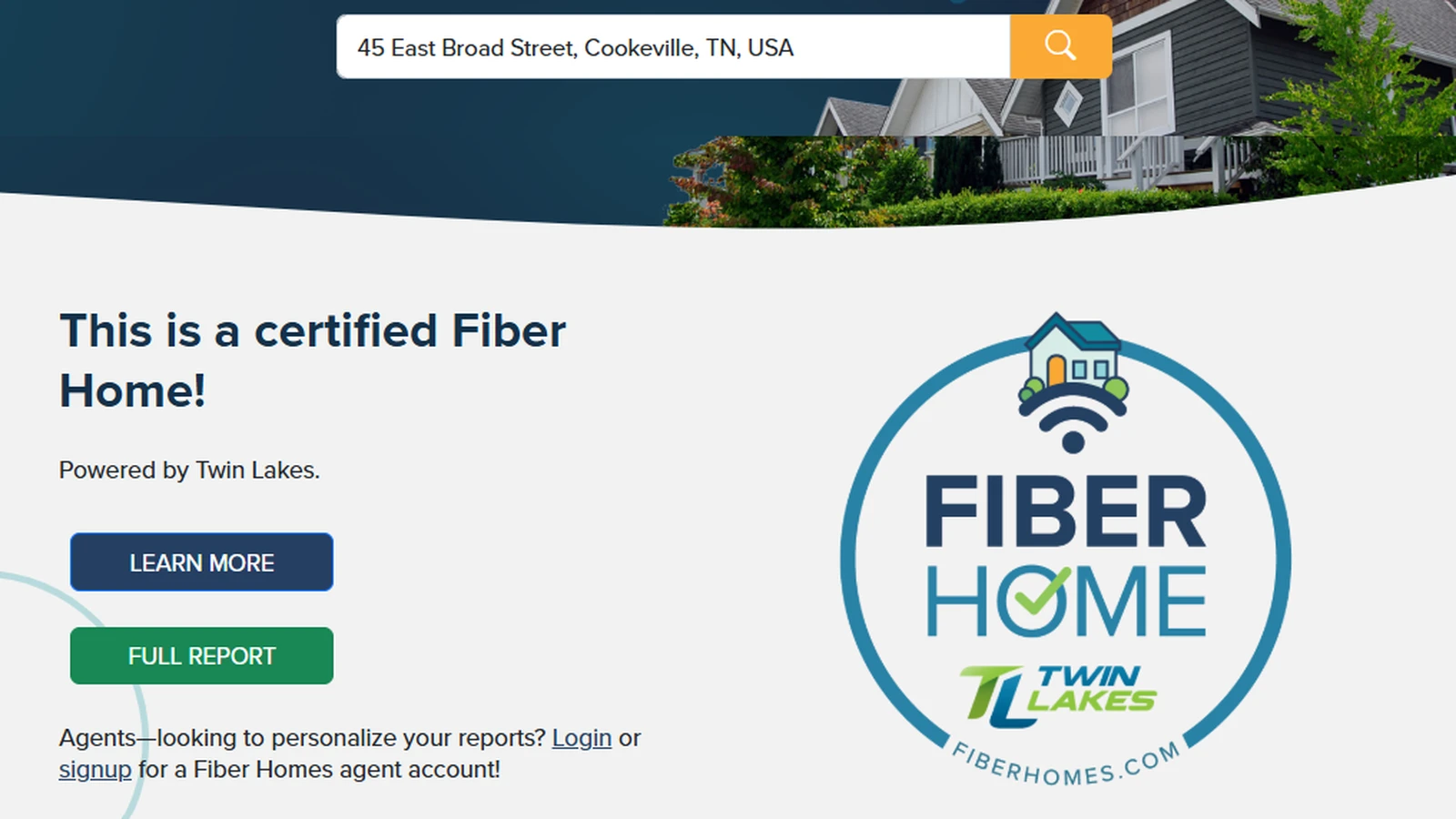 The Fiber Homes address search returning a certified Fiber Home result for 45 East Broad Street in Cookeville, Tennessee, powered by Twin Lakes