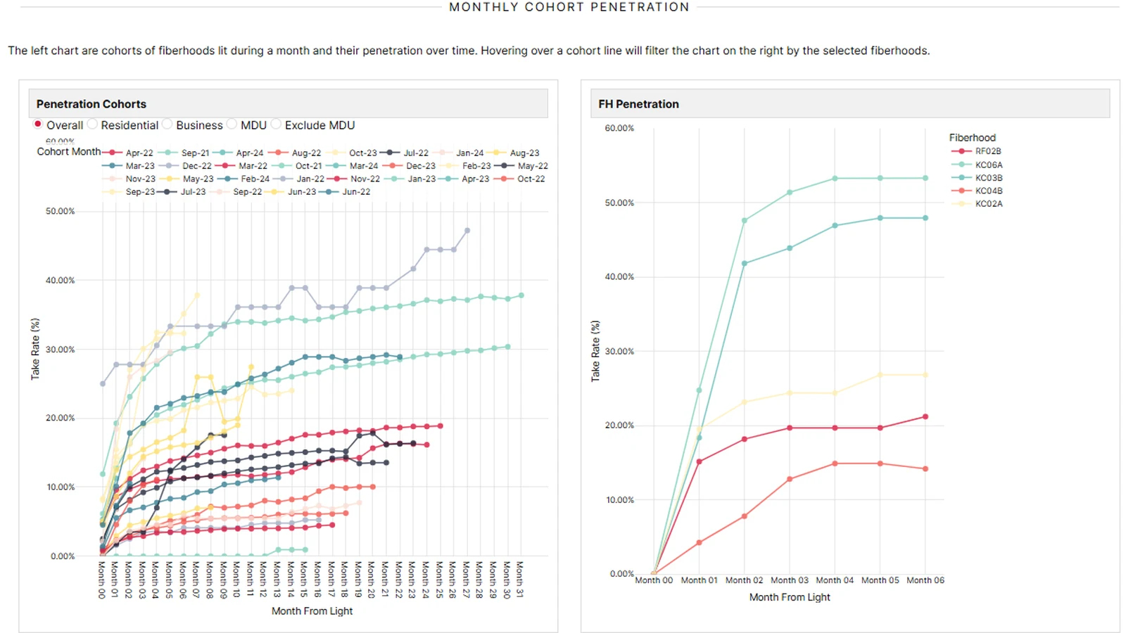 A monthly cohort penetration dashboard: take rate curves for fiberhood cohorts plotted against months from light, beside a filtered view of five individual fiberhoods