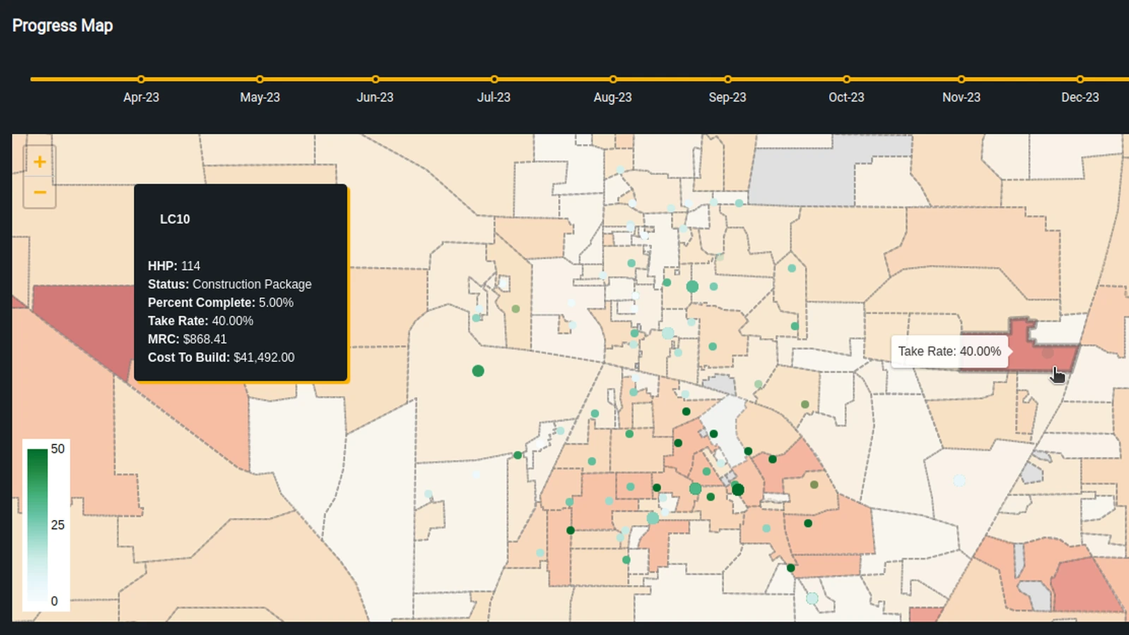 The BBI progress map: serving area polygons color coded by take rate, a monthly timeline slider, and a zone tooltip showing homes passed, percent complete, take rate and cost to build