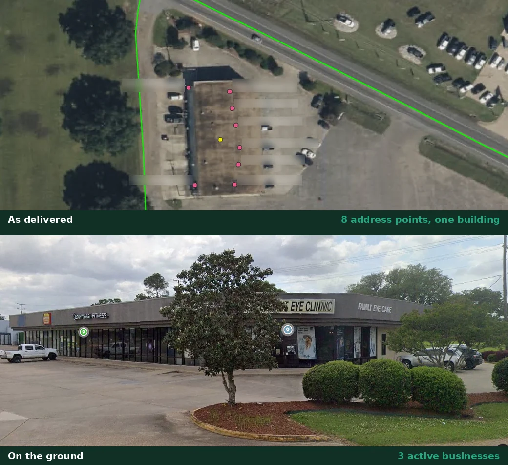 Aerial view of a strip mall carrying eight identical address points, above a street-level photograph of the same building showing three active businesses