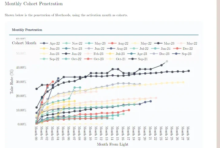 Adoption curves for more than twenty activation cohorts, each plotted by months elapsed since that area went live, showing how far and how fast each one ramps