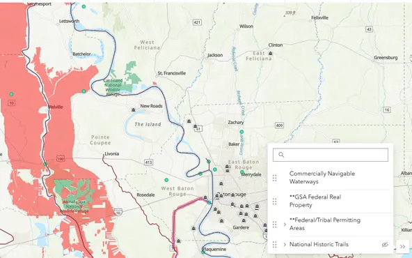 The NTIA permitting map over southern Louisiana, federal and tribal permitting areas shaded red against wildlife refuge land in green, with the layer list open beside it.