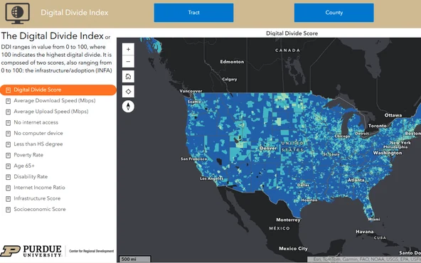 The Digital Divide Index story map, a US choropleth in blues with a tract and county toggle and a layer list including average download speed and internet income ratio.