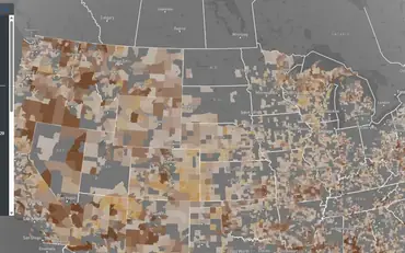The Vernonburg Digital Opportunity Map, US counties shaded brown and orange by the share of locations unserved or underserved, beside a panel of speed and technology filters.